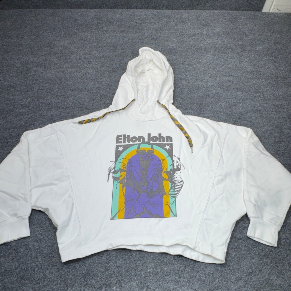 Rapsodia Elton John Hoodie Womens Small White Oversized Crop Raw Hem Rock Tour